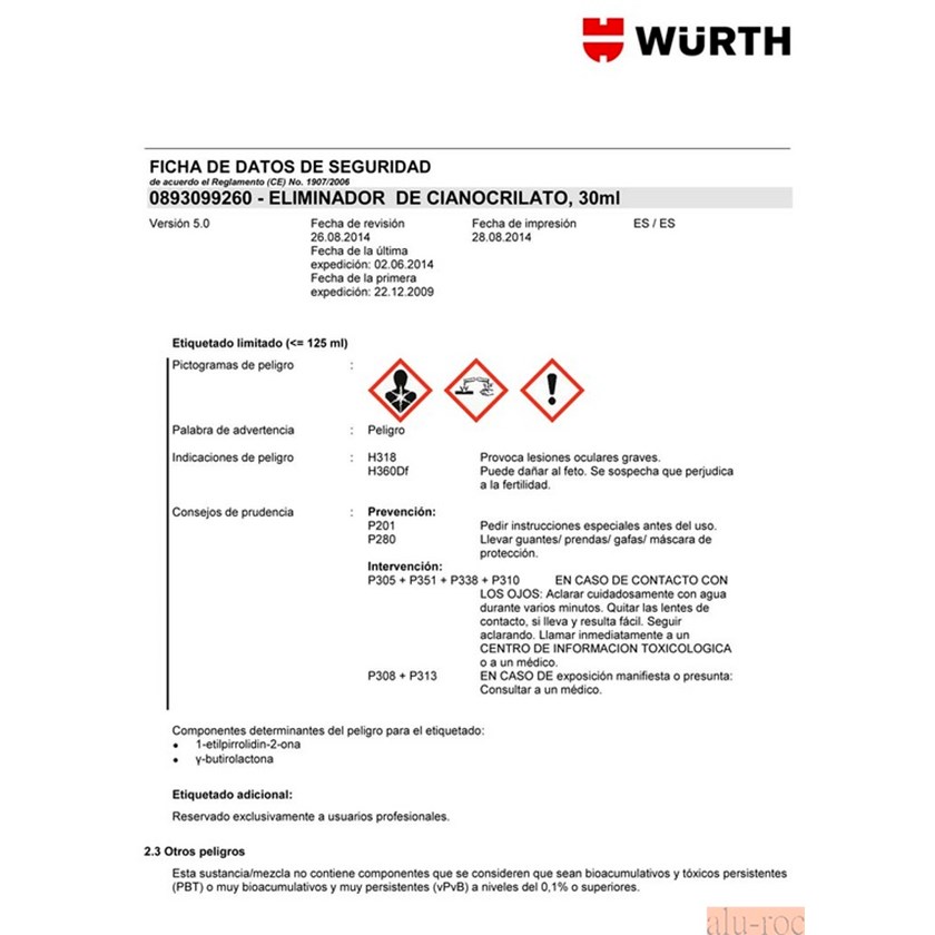 Ficha de datos de seguridad del eliminador de adhesivos Ref. 0893099220 de Wurth