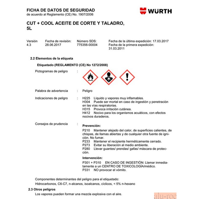 Ficha de datos de seguridad del Aceite de corte Ref. 08930501 de Wurth