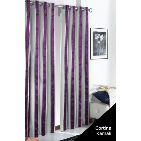 Cortina con rayas verticales combinadas en morado,  plata y beige