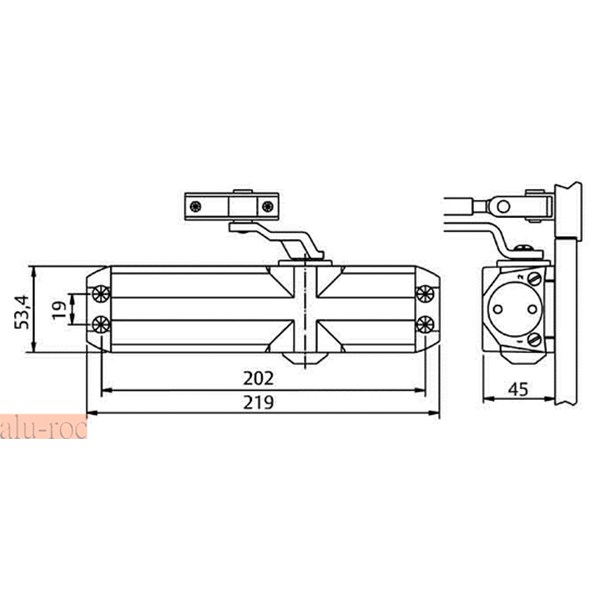 Croquis de medidas del cierrapuertas profesional WTS F-2-3-4 de WÜRTH