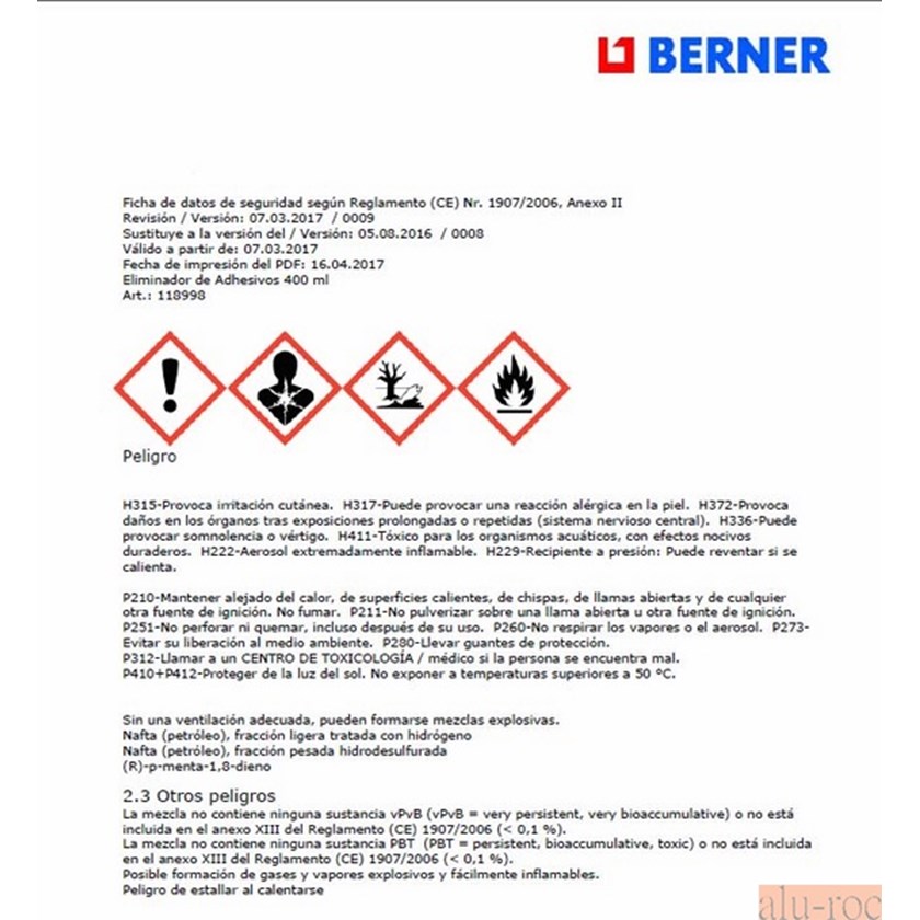 Ficha de datos de seguridad del limpiador Ref. 118998 de Berner