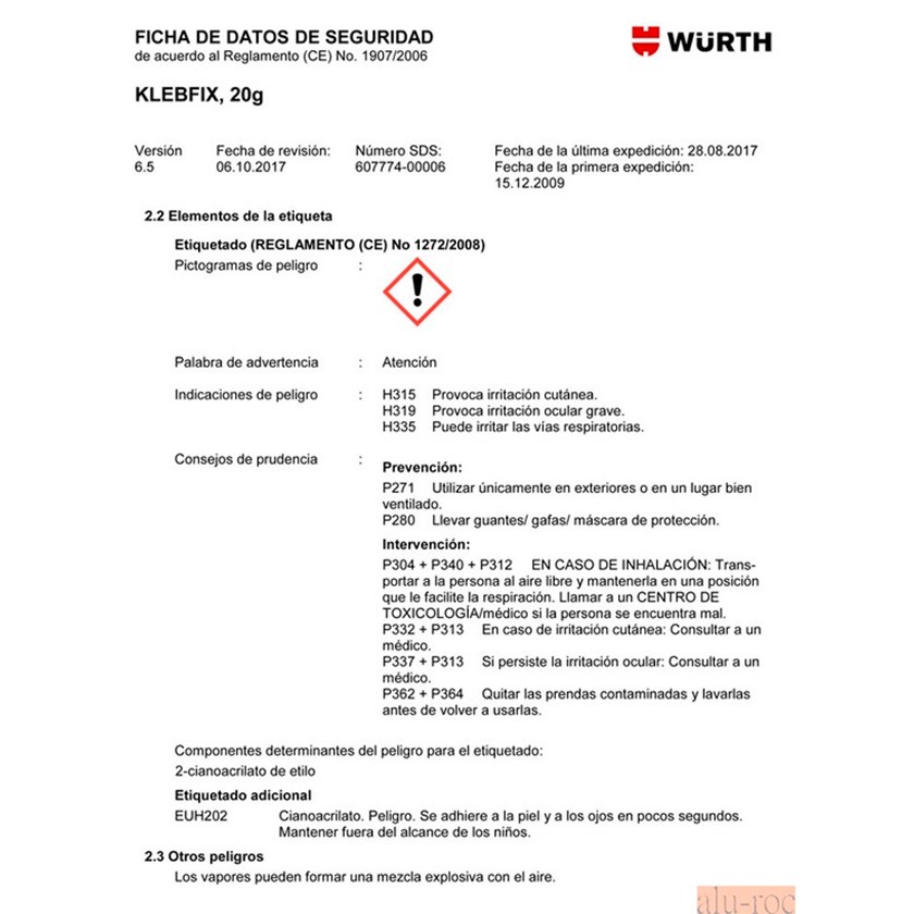 Ficha de seguridad del cianocrilato Ref. 089309 de Wurth