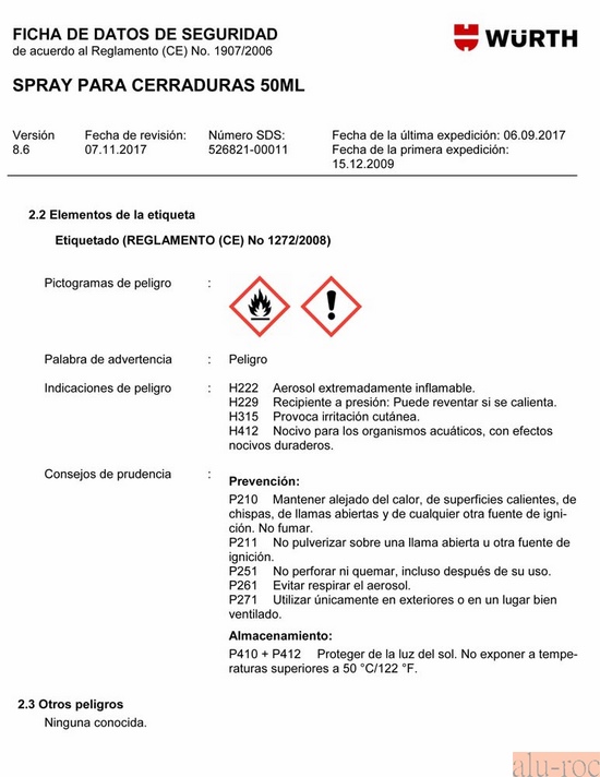 Ficha de datos de seguridad del spray lubricante Ref. 0893052 de Wurth