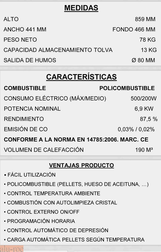 Características técnicas estufa P 70 PANADERO