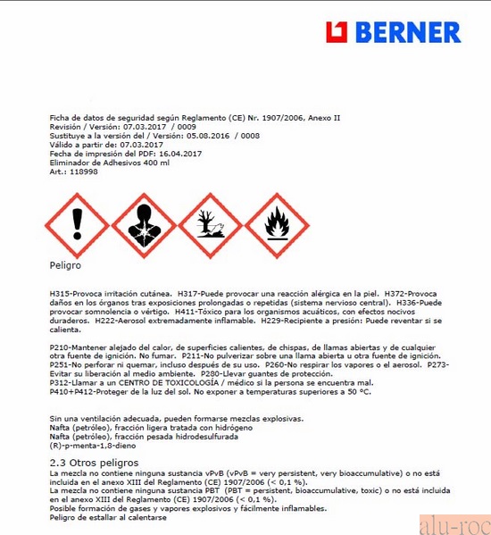 Ficha de datos de seguridad del limpiador Ref. 118998 de Berner