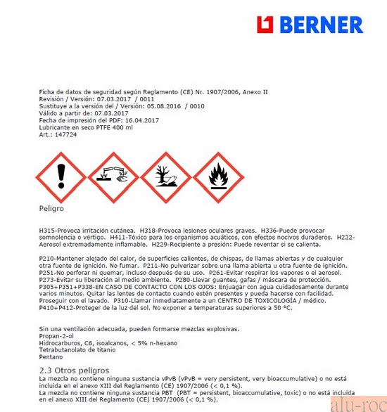 Ficha de datos de seguridad del lubricante Ref. 147724 de Berner